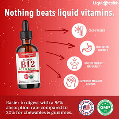 LIQUIDHEALTH B12 drops poured with dropper for easy daily dosing.