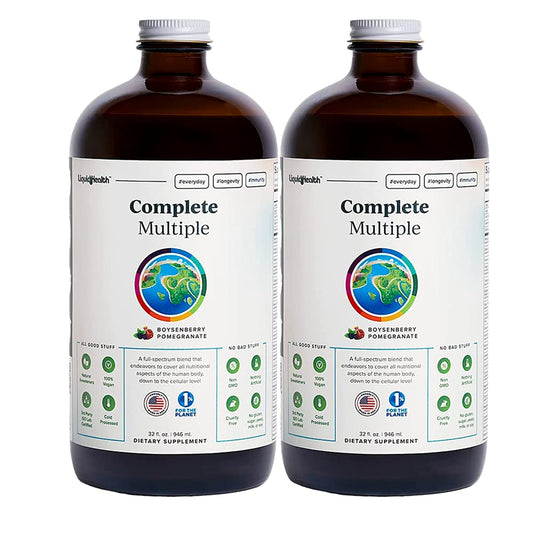 LIQUIDHEALTH Complete Multiple bottle pour hints at energy and immune support