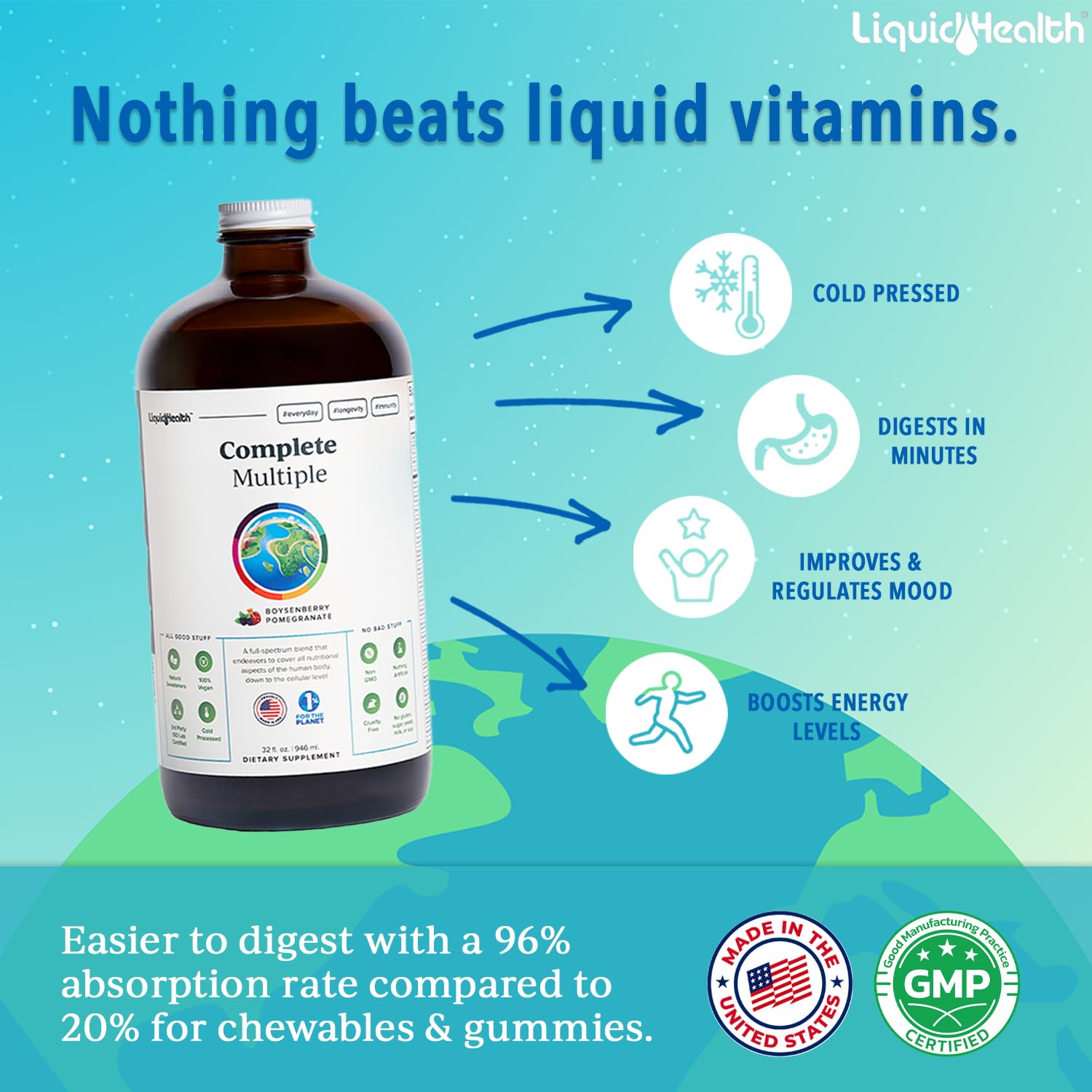 LIQUIDHEALTH Complete Multiple label closeup shows vegan, non-GMO formula
