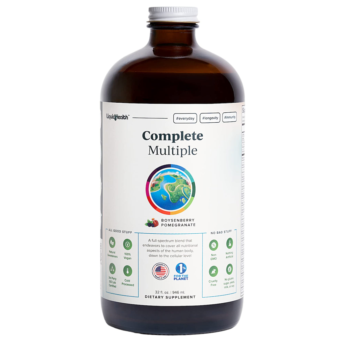 LIQUIDHEALTH Complete Multivitamin bottle pour for easy daily dosing and flavor