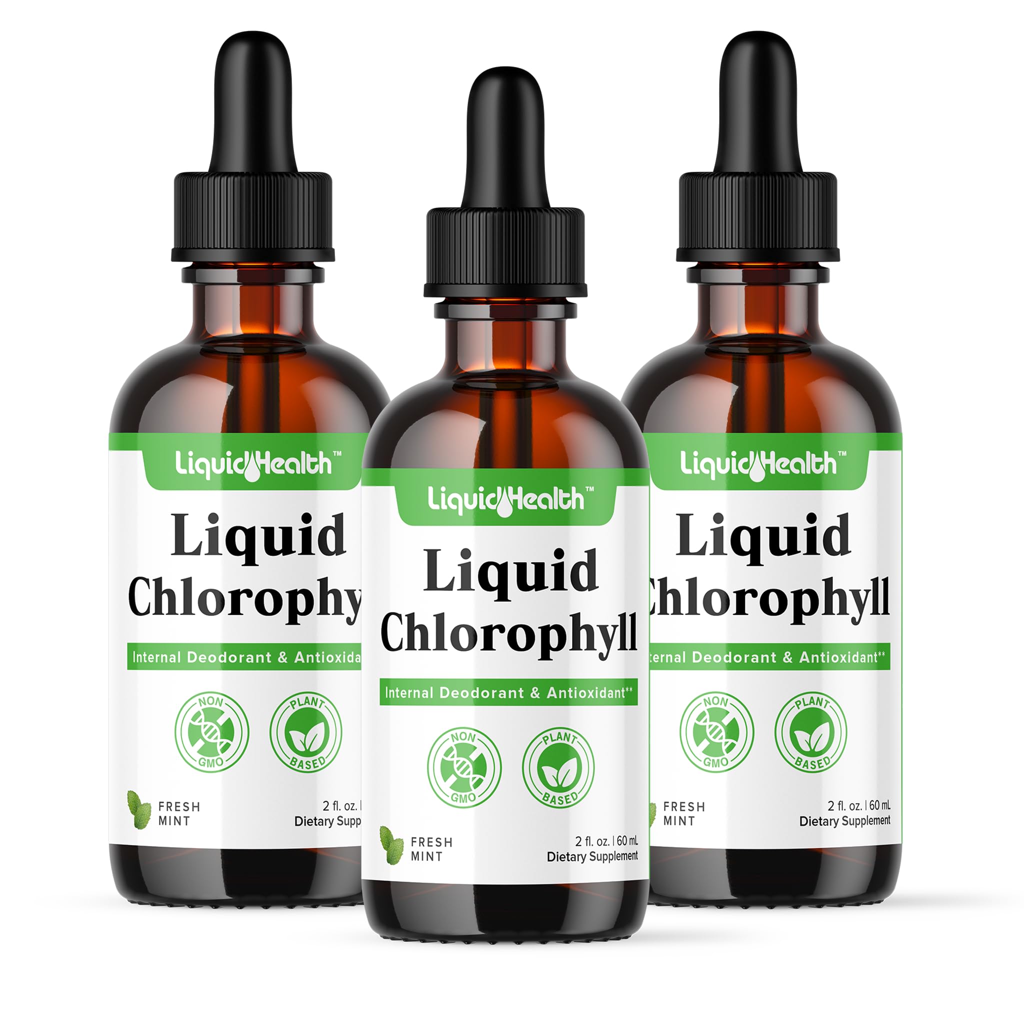 LIQUIDHEALTH Liquid Chlorophyll Drops bottle pour, highlighting internal deodorizer potential.