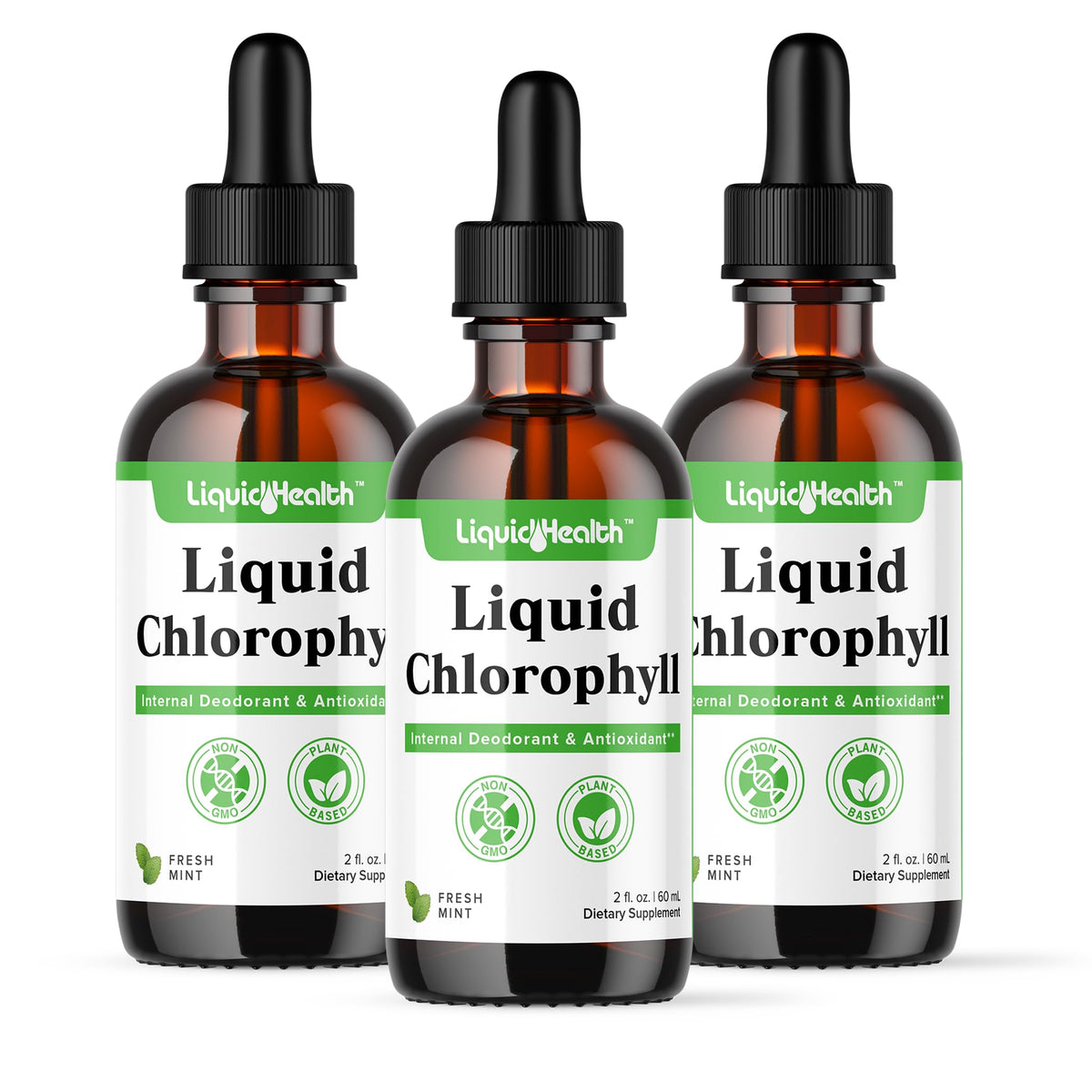 LIQUIDHEALTH Liquid Chlorophyll Drops bottle pour, highlighting internal deodorizer potential.
