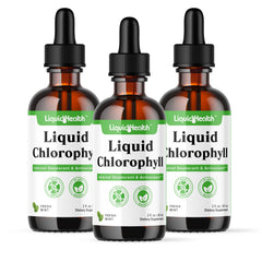 LIQUIDHEALTH Liquid Chlorophyll Drops bottle pour, highlighting internal deodorizer potential.