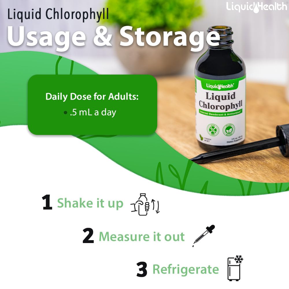 LIQUIDHEALTH Liquid Chlorophyll Drops dropper demonstrates precise dosing for detox support.