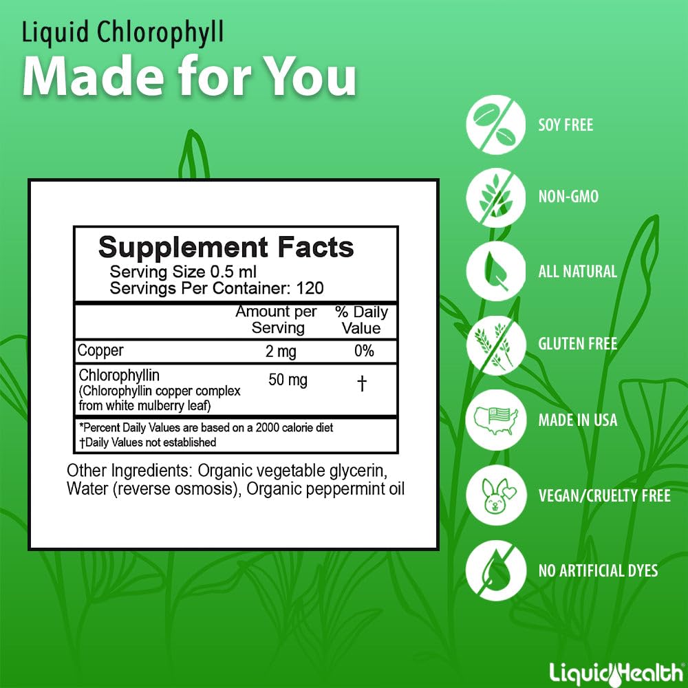 LIQUIDHEALTH Liquid Chlorophyll Drops in glass with water suggests refreshing routine.