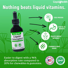 LIQUIDHEALTH Liquid Chlorophyll Drops label showcases plant-based, allergen-free ingredients.