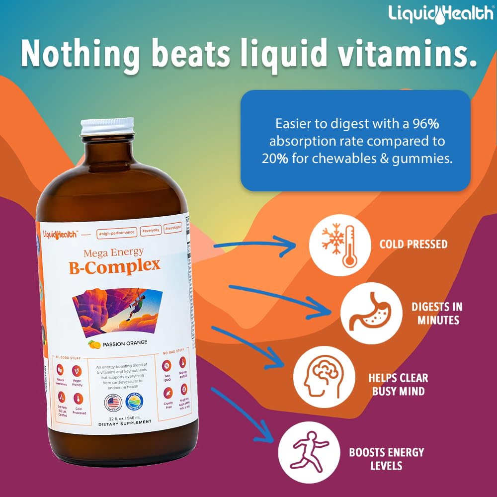 LIQUIDHEALTH Mega Energy B-Complex label close-up highlighting vegan and sugar-free notes