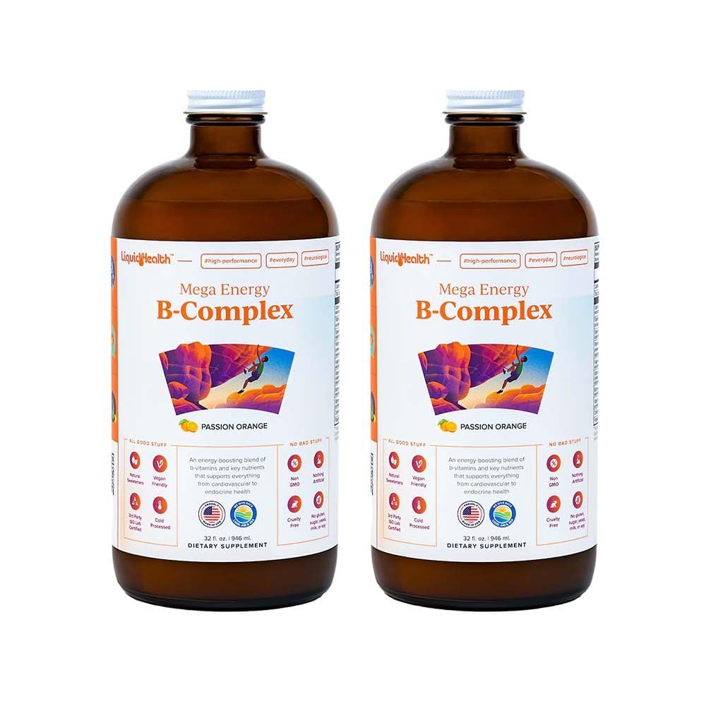 LIQUIDHEALTH Mega Energy B-Complex bottle showing methylated B vitamins for energy support