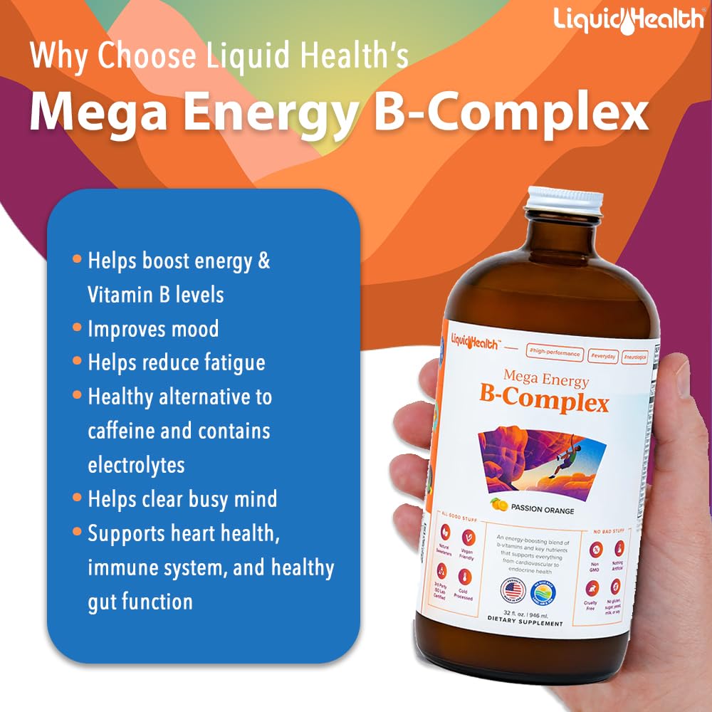 LIQUIDHEALTH Mega Energy B-Complex label emphasizes vegan, sugar-free USA-made quality