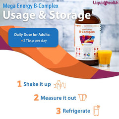 LIQUIDHEALTH Mega Energy ingredients chart outlines essential B vitamins