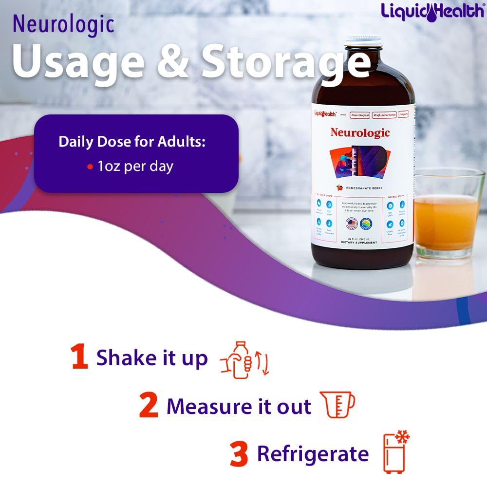 Close-up of LIQUIDHEALTH Neurologic Focus Pomegranate Berry flavor label