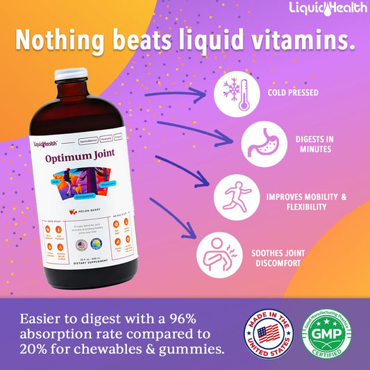 LIQUIDHEALTH Optimum Joint ingredients label close-up highlighting glucosamine and hyaluronic acid benefits.