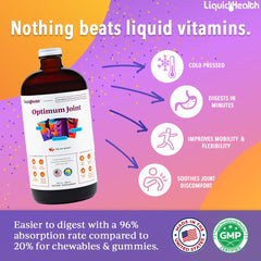LIQUIDHEALTH Optimum Joint ingredients label close-up highlighting glucosamine and hyaluronic acid benefits.