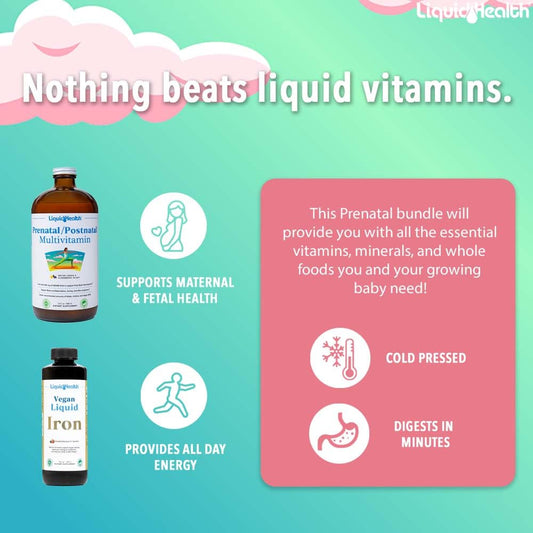LIQUIDHEALTH prenatal multivitamin bottle demonstrates easy daily dosing for expectant moms
