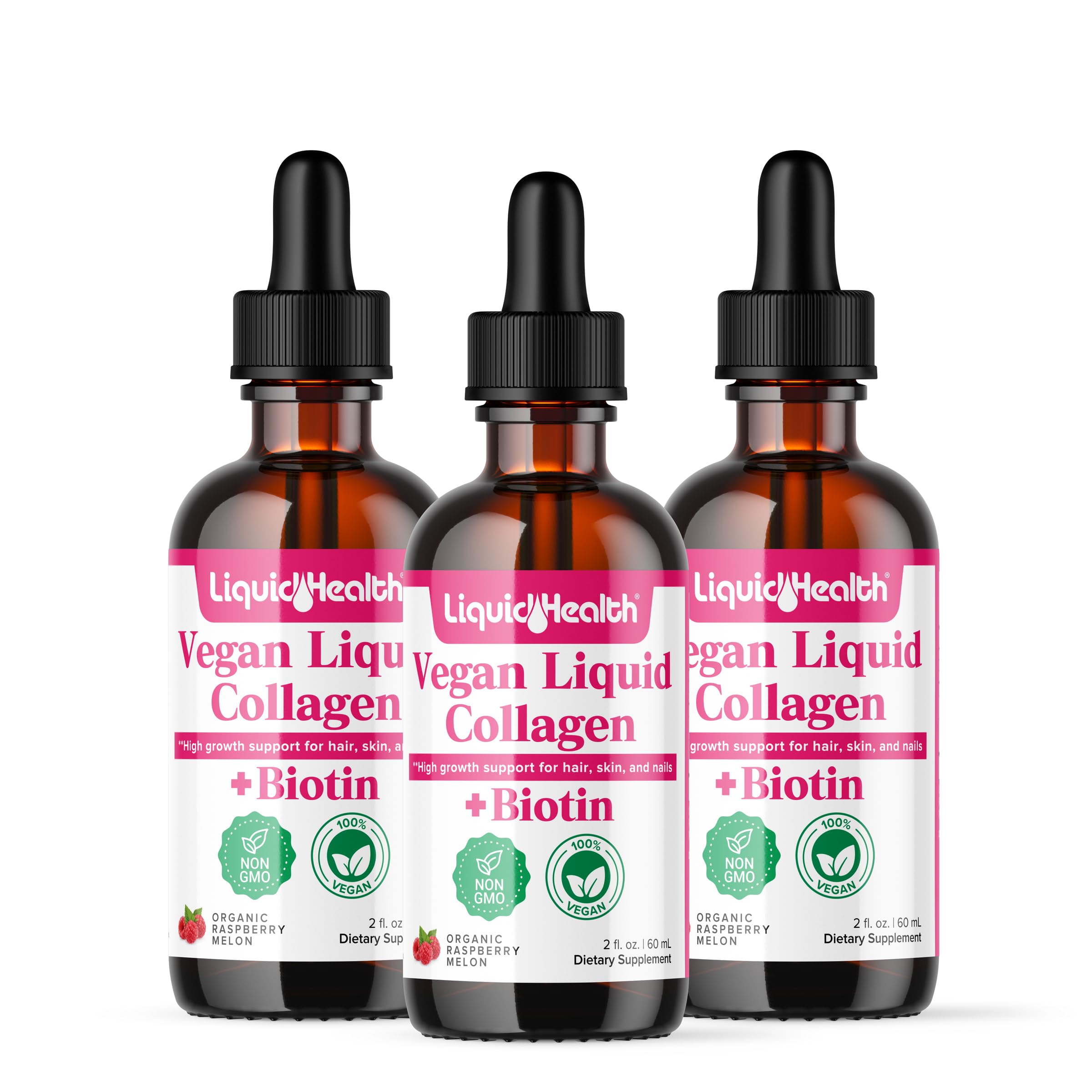 LIQUIDHEALTH vegan collagen drops bottle on a kitchen counter; supports hair and skin vitality.