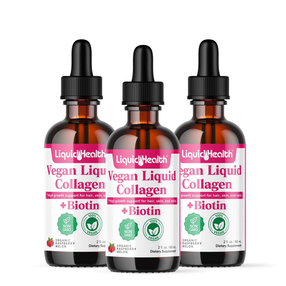 LIQUIDHEALTH vegan collagen drops bottle on a kitchen counter; supports hair and skin vitality.