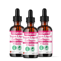 LIQUIDHEALTH vegan collagen drops bottle on a kitchen counter; supports hair and skin vitality.