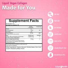 LIQUIDHEALTH vegan collagen bottle shows nutrition facts aiding informed use.