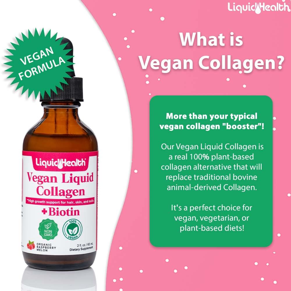LIQUIDHEALTH vegan collagen drops being poured into a glass for easy daily use.