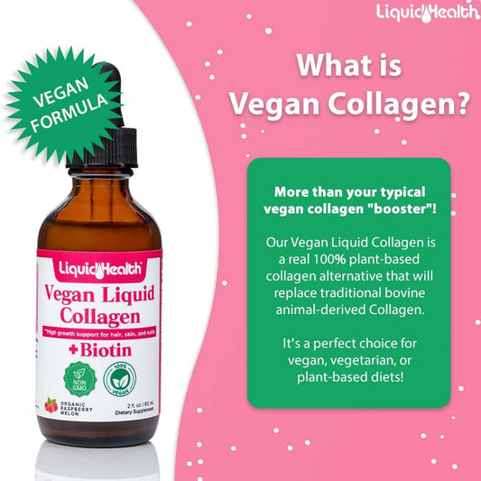 LIQUIDHEALTH vegan collagen drops being poured into a glass for easy daily use.