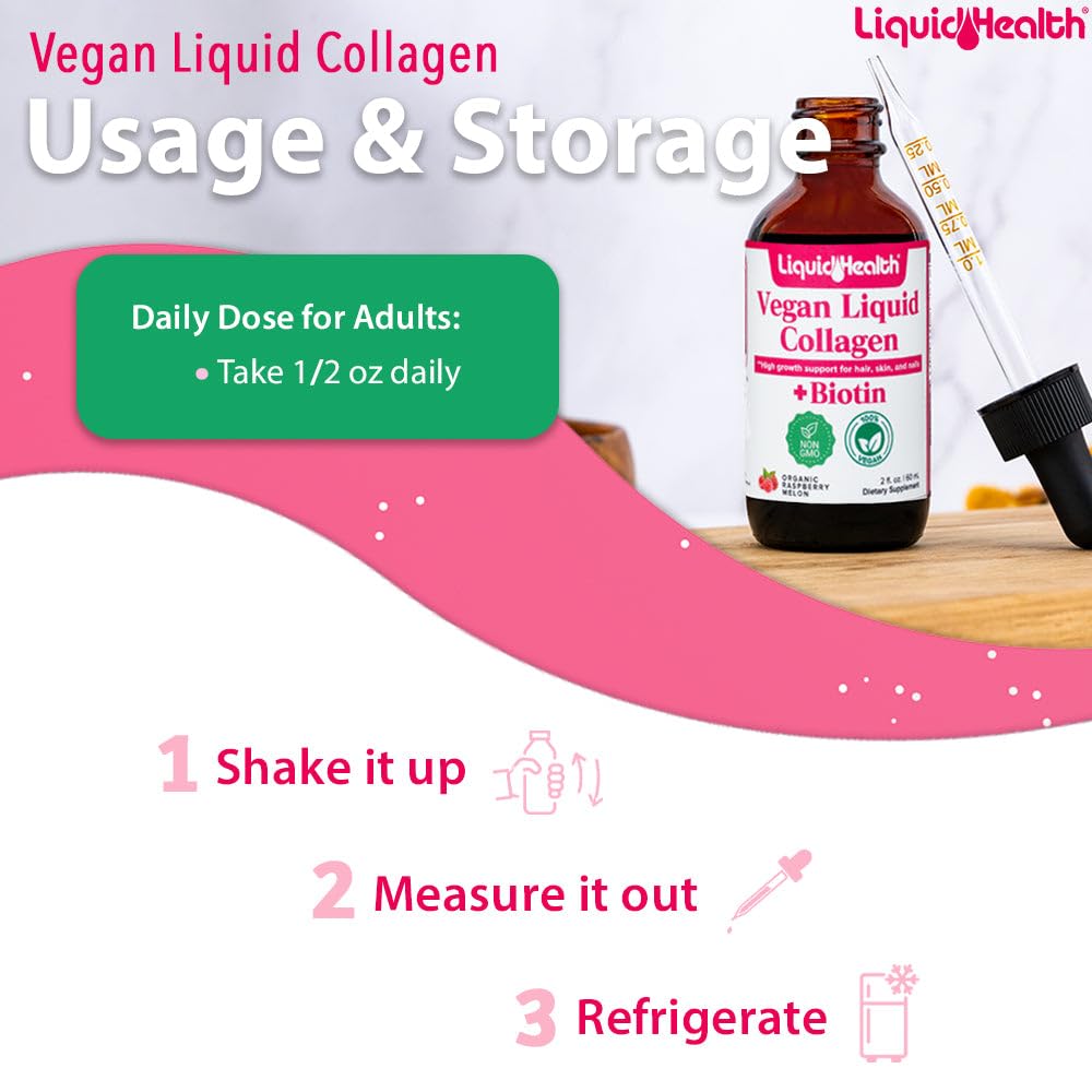 LIQUIDHEALTH vegan collagen drops with dropper and scoop included for precise dosing.