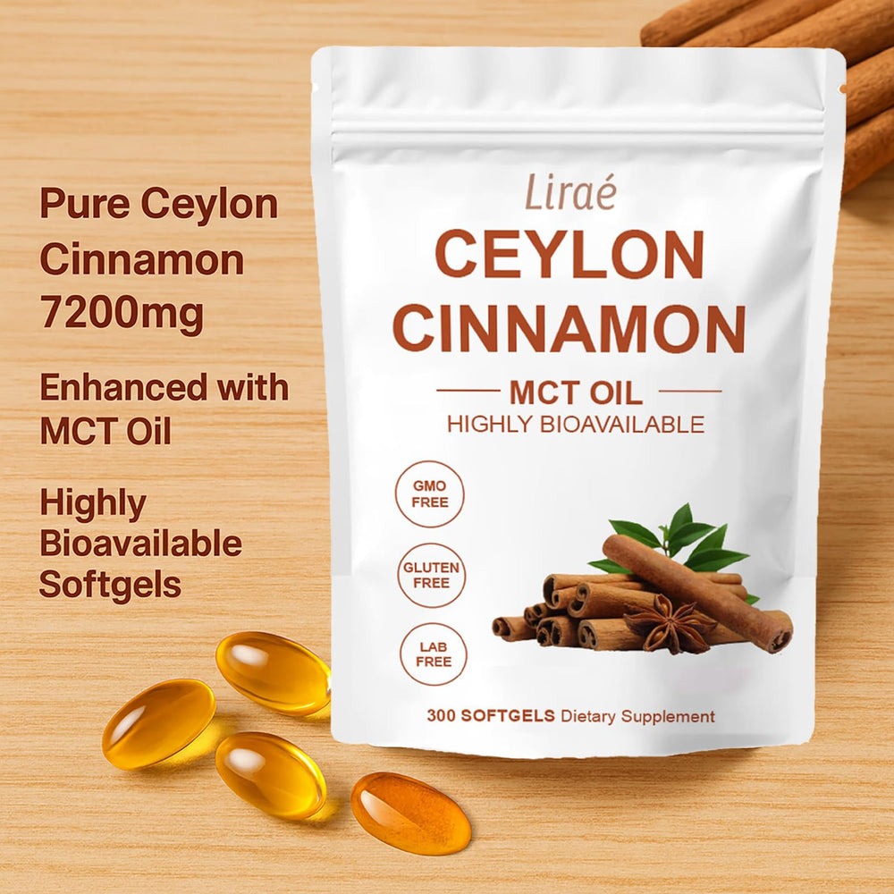 LIRAE Ceylon Cinnamon softgels bottle emphasizing convenient daily capsules
