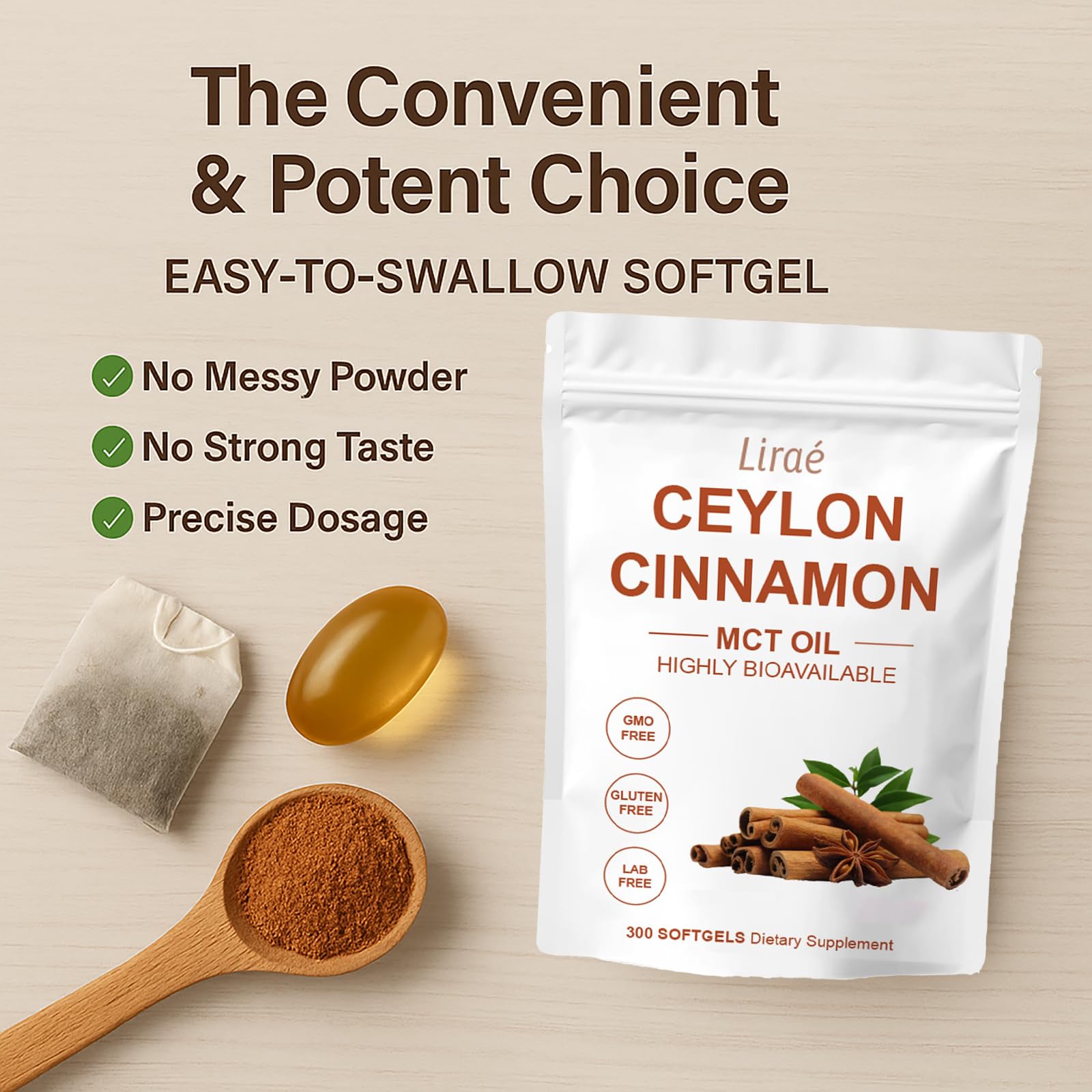 LIRAE Ceylon Cinnamon softgels gluten-free badge for dietary clarity