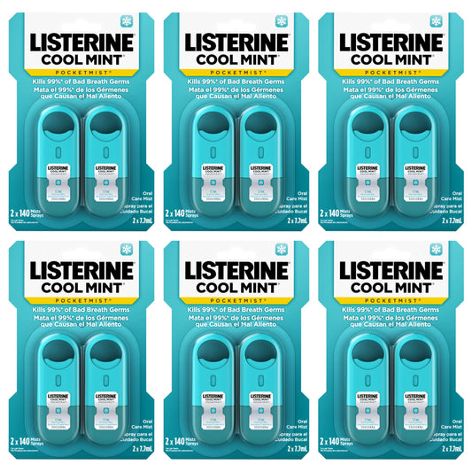 Listerine Pocketmist Cool Mint bottle in a compact, travel-friendly form for on-the-go breath refreshment.