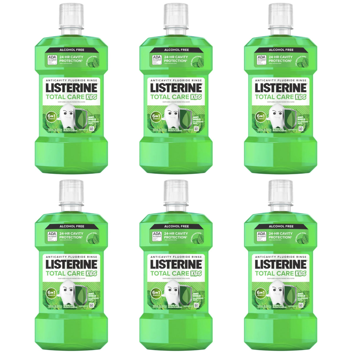 Listerine Smart Rinse Kids bottle shows Mint Shield flavor for cavity protection.