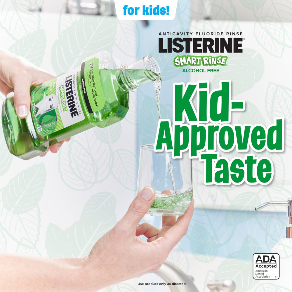Listerine Smart Rinse Kids Mint Shield flavor supports kid-friendly daily use.