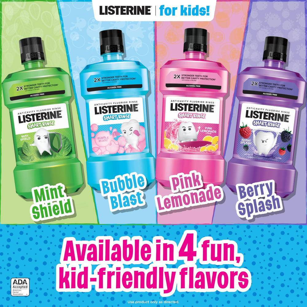 Listerine Smart Rinse Kids alcohol-free formula offers gentle mouth care.