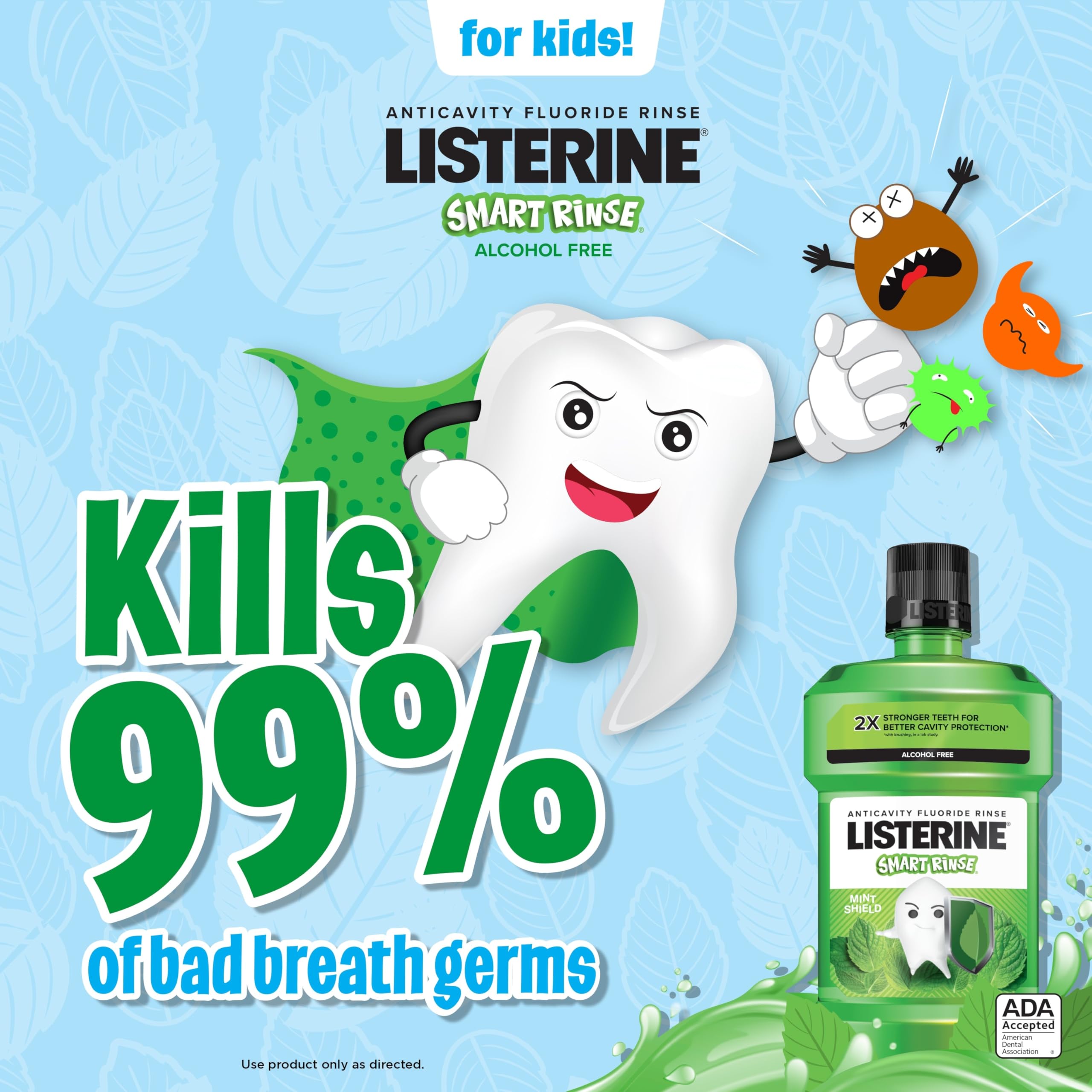Listerine Smart Rinse Kids sink shows tinted debris indicating cleaning action.