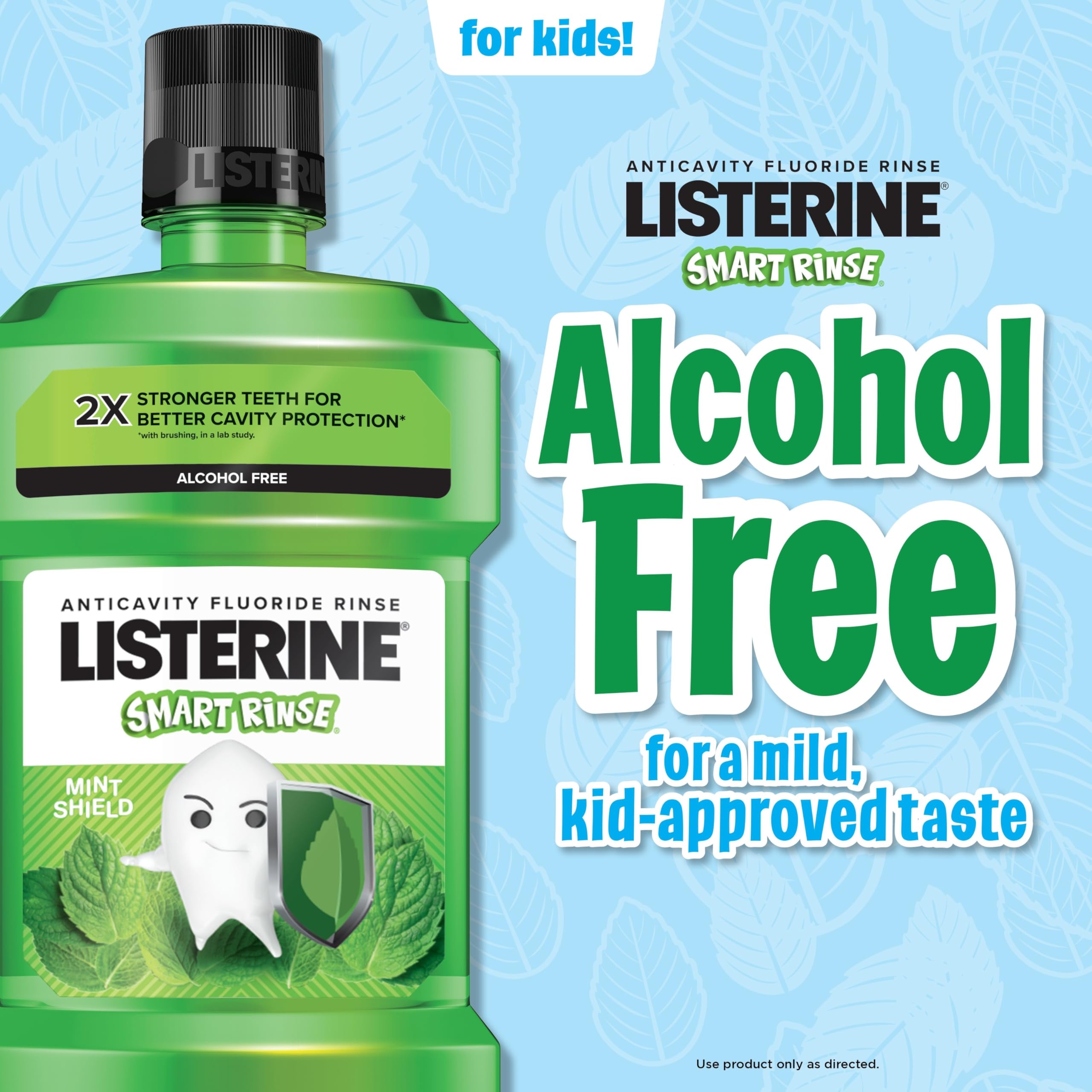 Listerine Smart Rinse Kids measuring spoon shows two-teaspoon dosing.