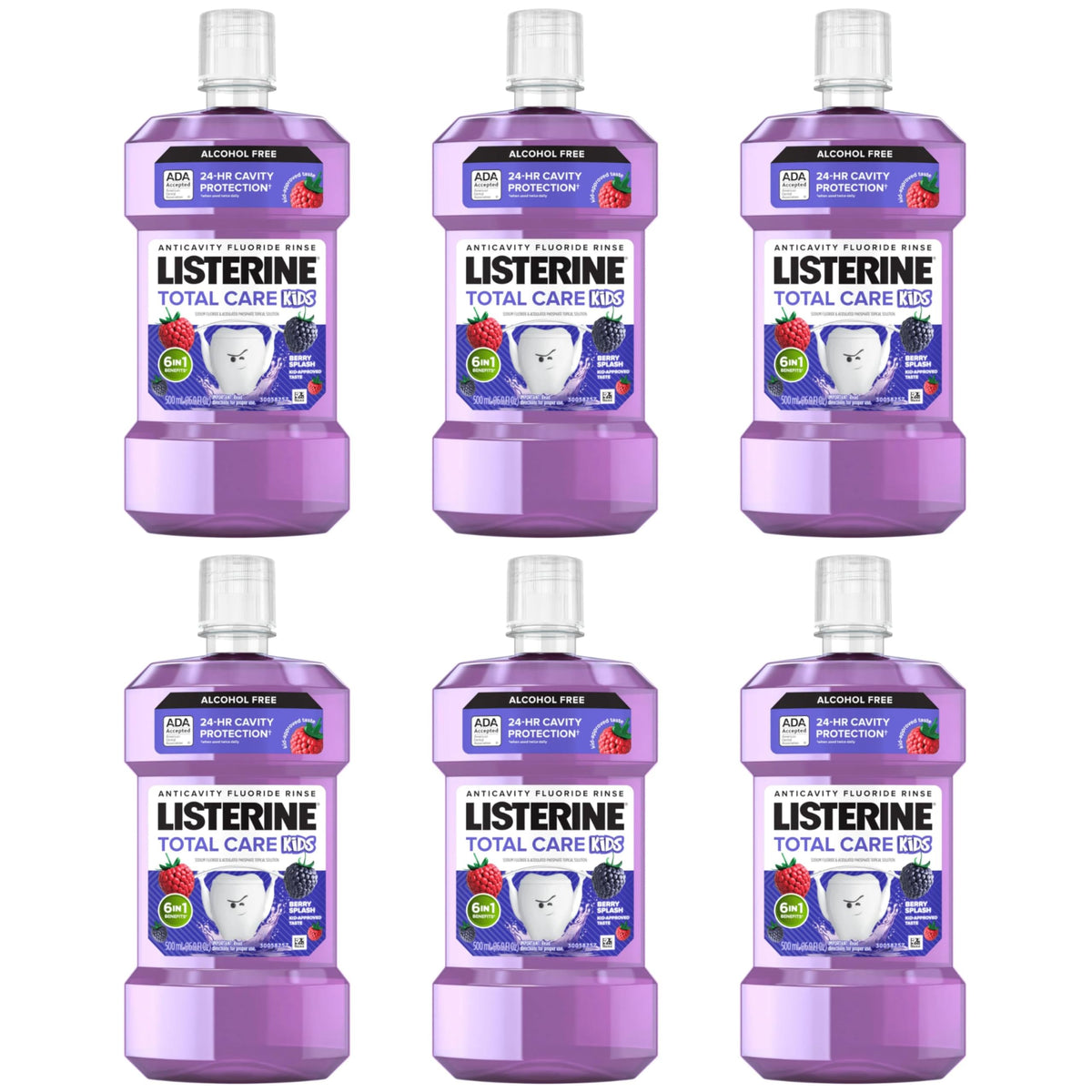 Listerine Total Care Kids Berry Splash bottle shown for cavity protection