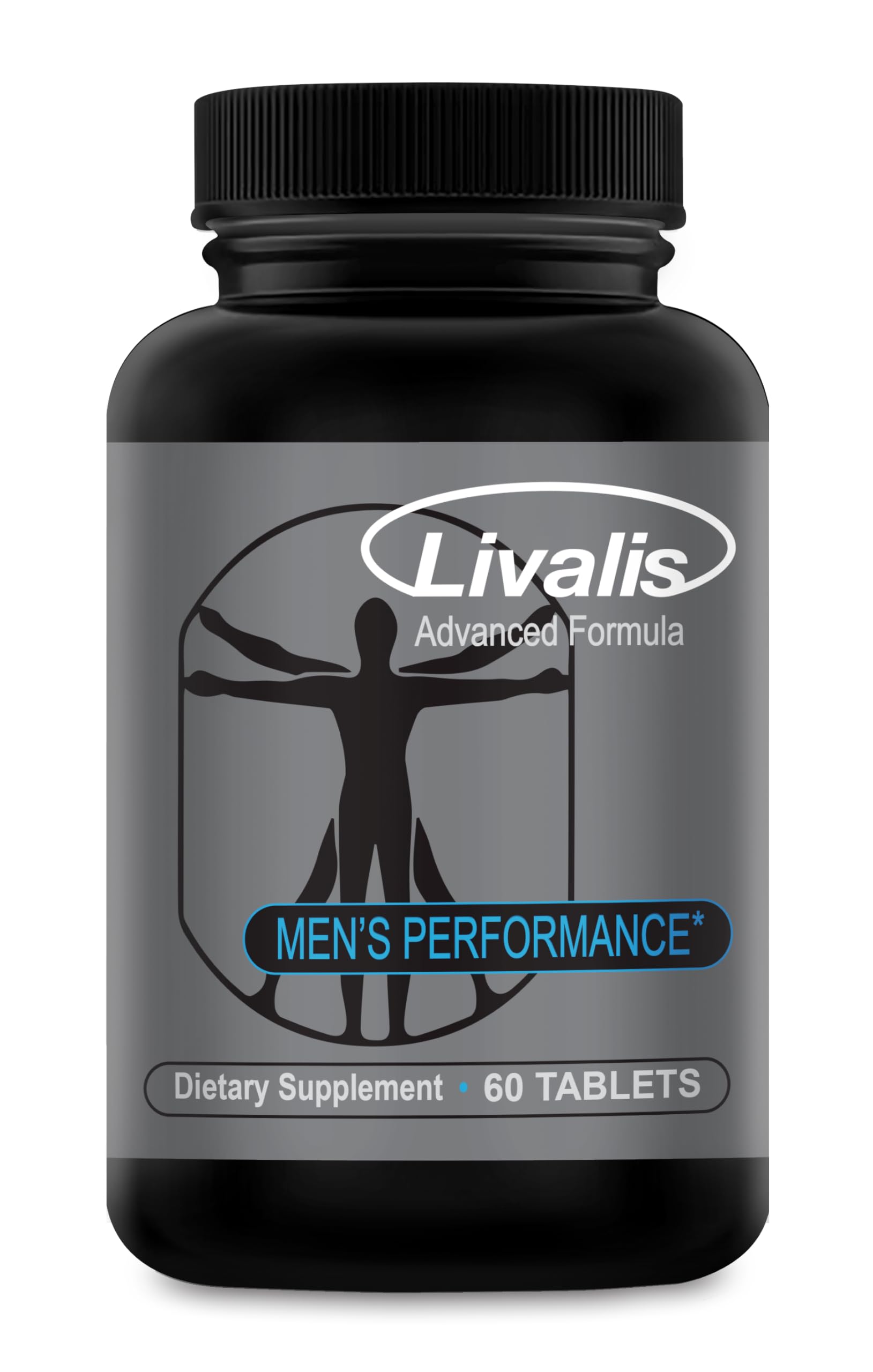 Livalis Male Support bottle front highlights enhanced performance and stamina potential.