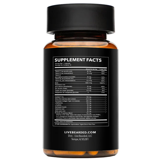 Live Bearded Beard Boost capsules close-up highlighting nutrients for fuller facial hair growth.