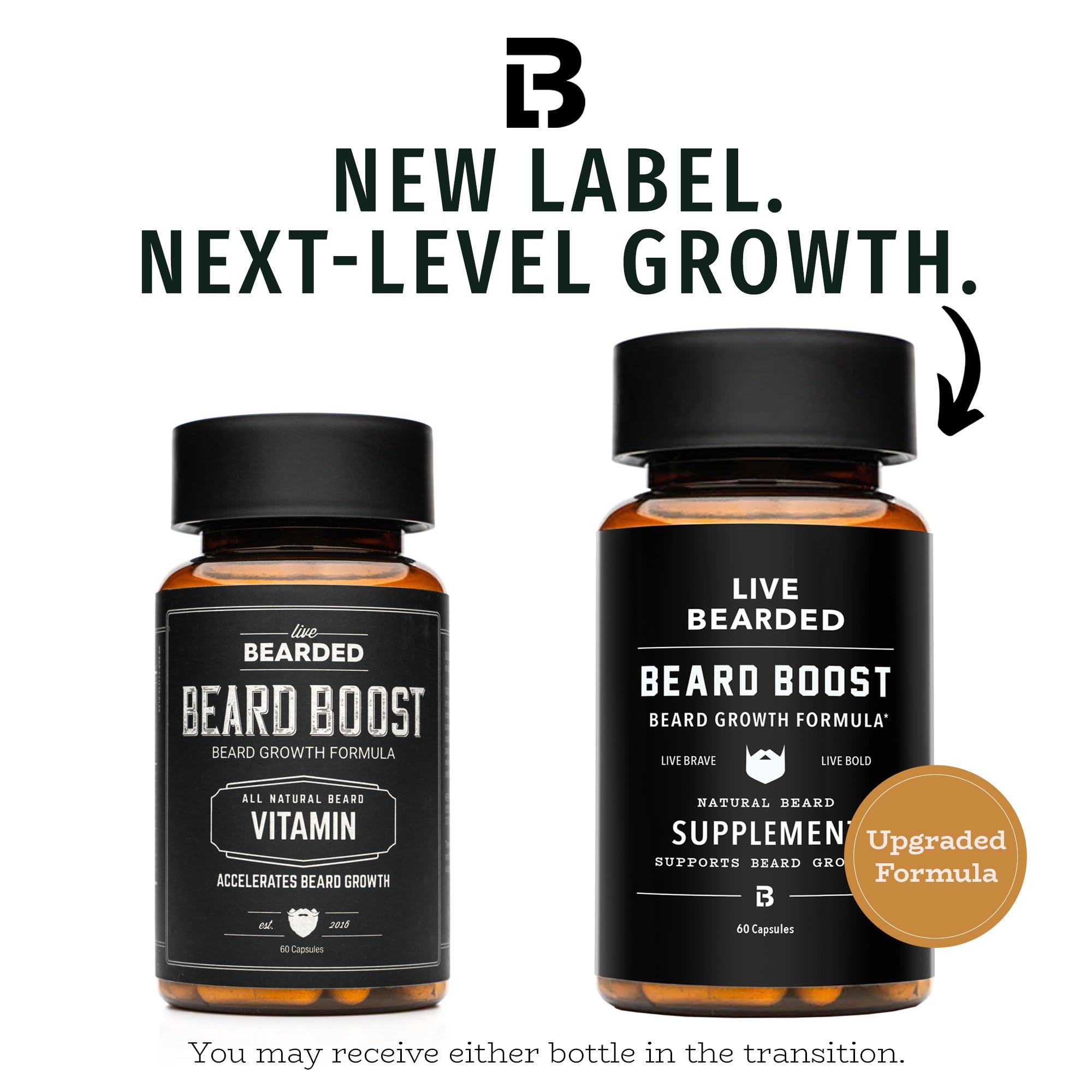 Close-up of Live Bearded label highlighting growth ingredients for hair vitality.