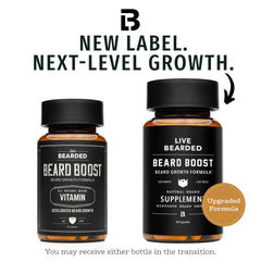 Live Bearded Beard Boost label close-up showcasing premium ingredients for hair health.