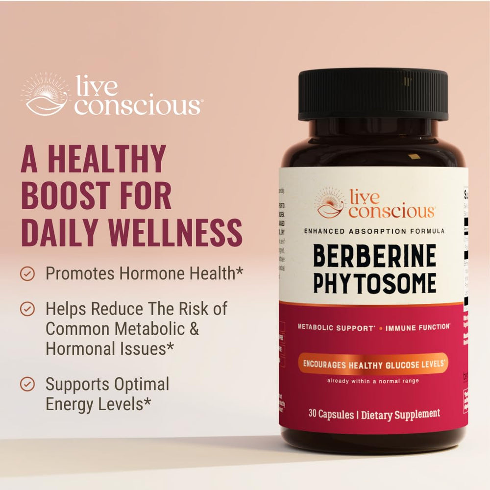 Live Conscious Berberine Phytosome pills close-up; convenient daily supplement.