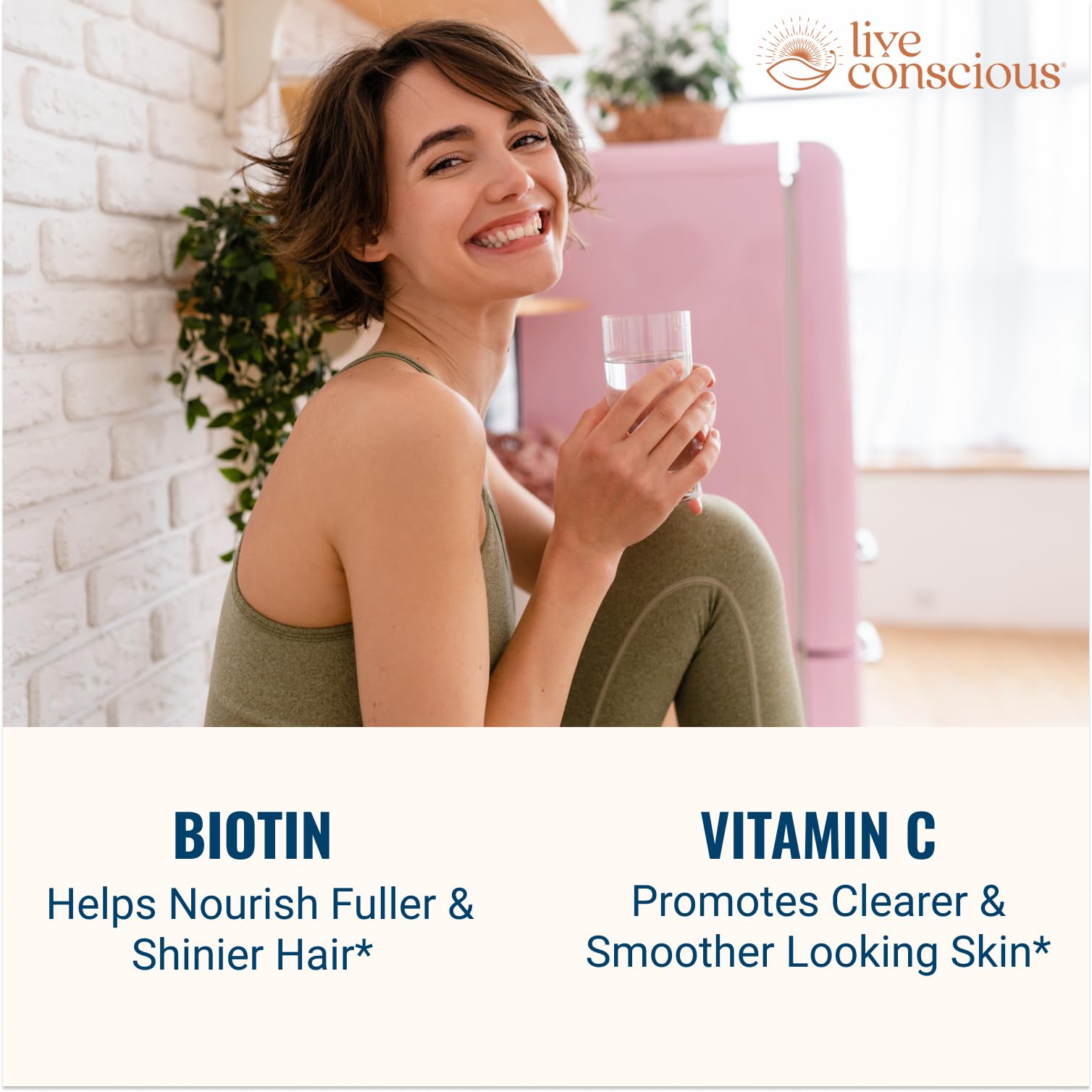 Live Conscious Beyond Collagen ingredient panel with biotin and vitamin C for keratin support