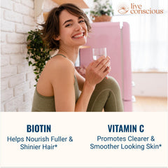 Live Conscious Beyond Collagen ingredient panel with biotin and vitamin C for keratin support