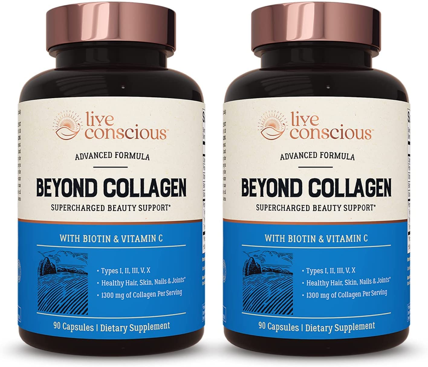 Live Conscious Beyond Collagen bottle front showing skin, hair, and nails support.