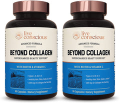 Live Conscious Beyond Collagen bottle front showing skin, hair, and nails support.