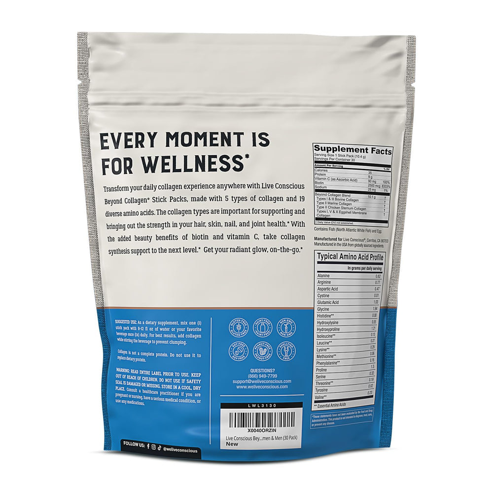 Live Conscious Beyond Collagen bottle with ingredients and vitamins showcased.