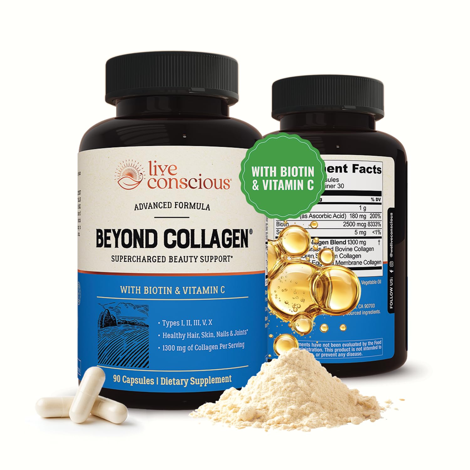 Live Conscious Beyond Collagen bottle with 90 capsules for daily skin, hair, and nails support