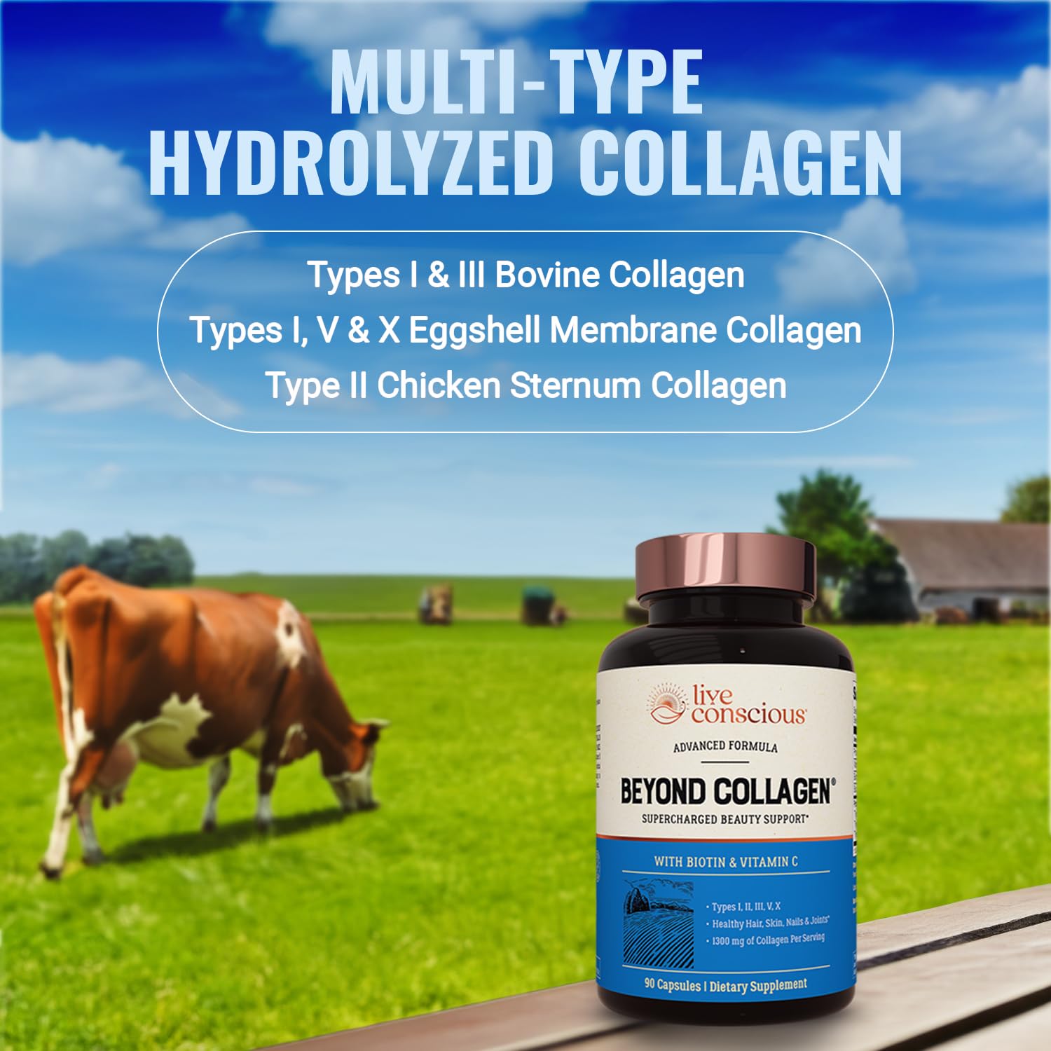 Live Conscious Beyond Collagen capsules close-up, easy-to-swallow daily use