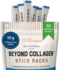 Live Conscious Beyond Collagen ingredients with vitamin C and biotin illustration.