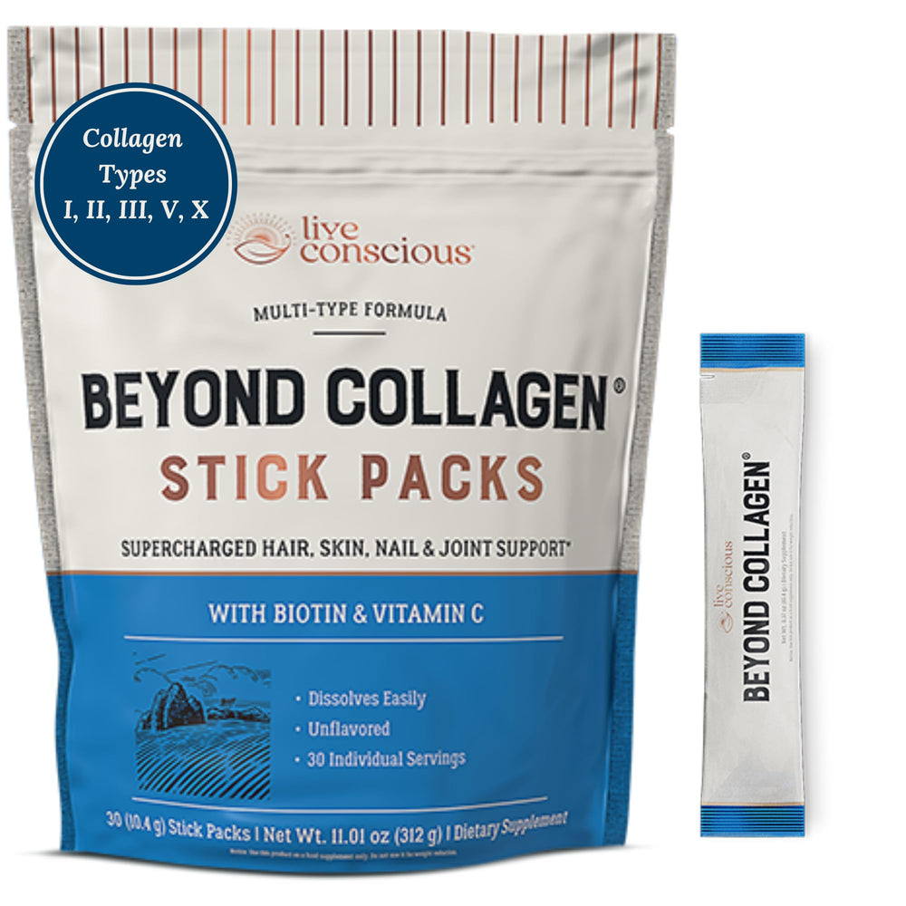 Live Conscious Beyond Collagen packets ready to pour for quick beauty benefits.