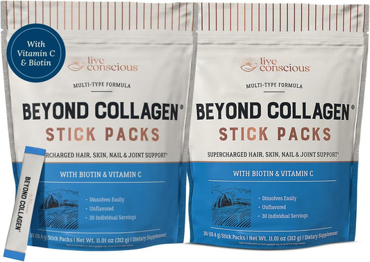 Live Conscious Beyond Collagen packets in unflavored packaging for on-the-go beauty support.
