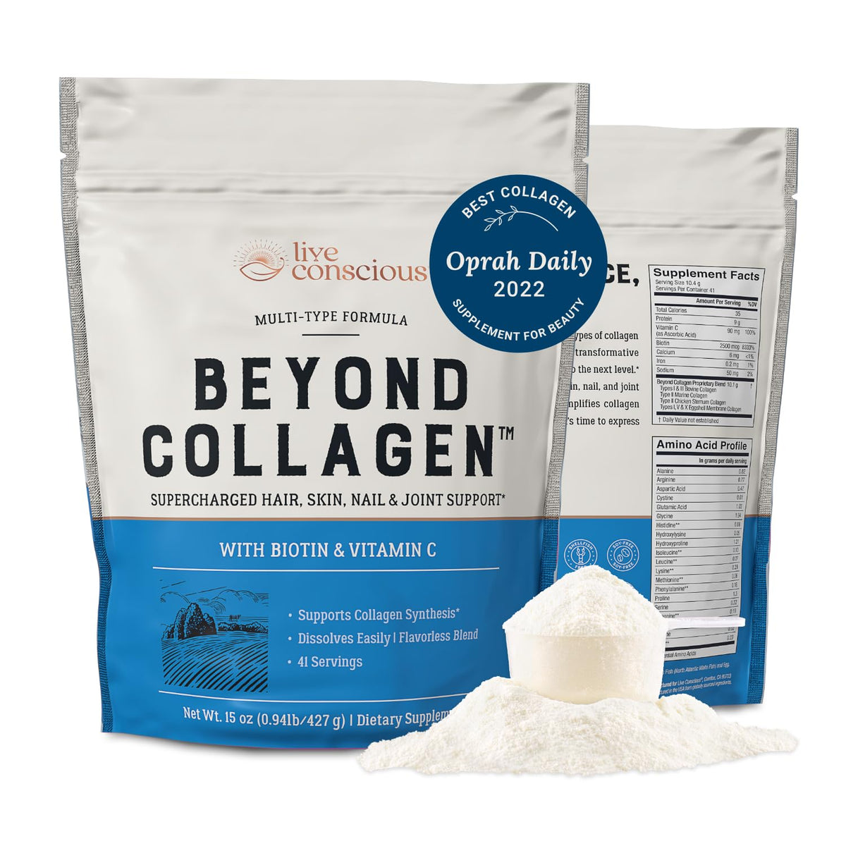 Live Conscious Beyond Collagen powder bottle front showing premium collagen blend for skin and joints
